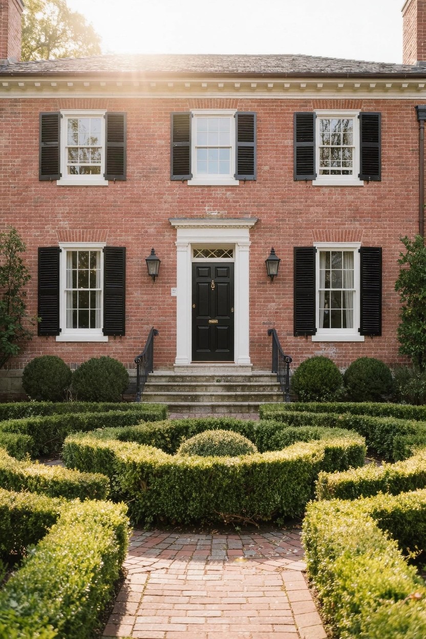 Red brick two-story house with black shutters, white window trim, and centered black front door, approached by a brick path through a circular boxwood parterre garden edged by additional hedges.