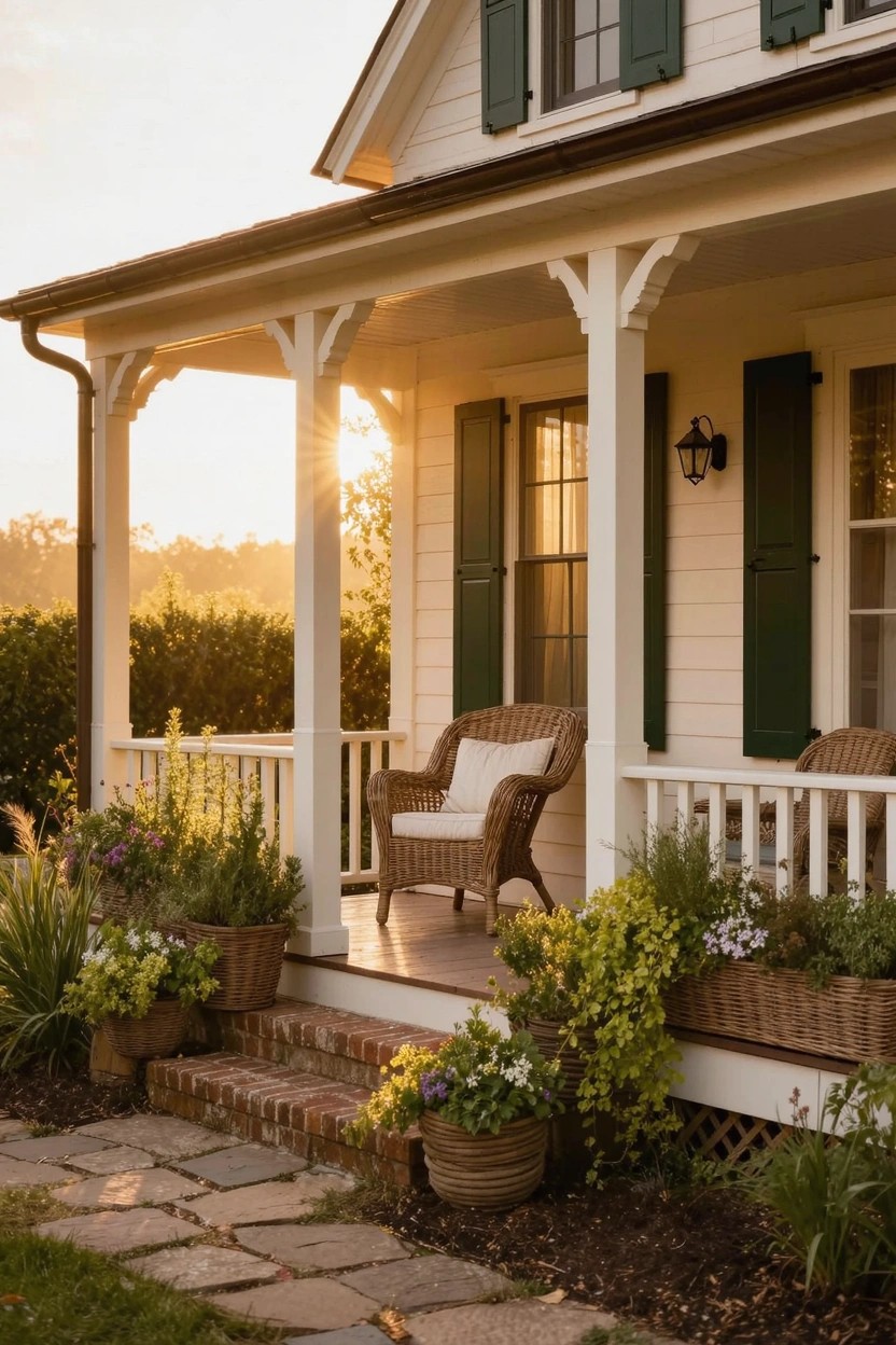 White clapboard house with green shutters and a covered front porch supported by white columns, two wicker chairs with white cushions on the porch deck surrounded by large potted plants, brick steps and path leading up at sunset.