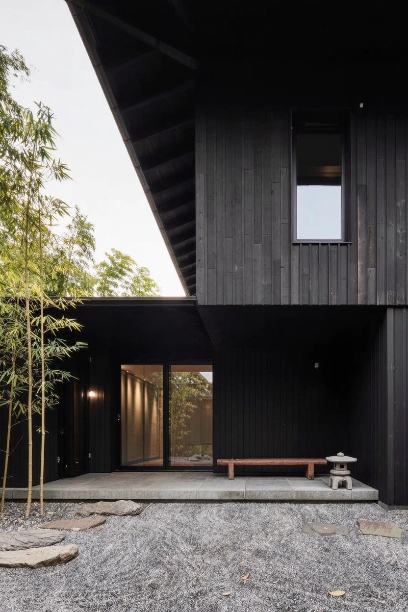 Black wooden modern house exterior featuring an overhanging roof, glass entry doors, gravel courtyard with bamboo plants, wooden bench, and stone lantern.