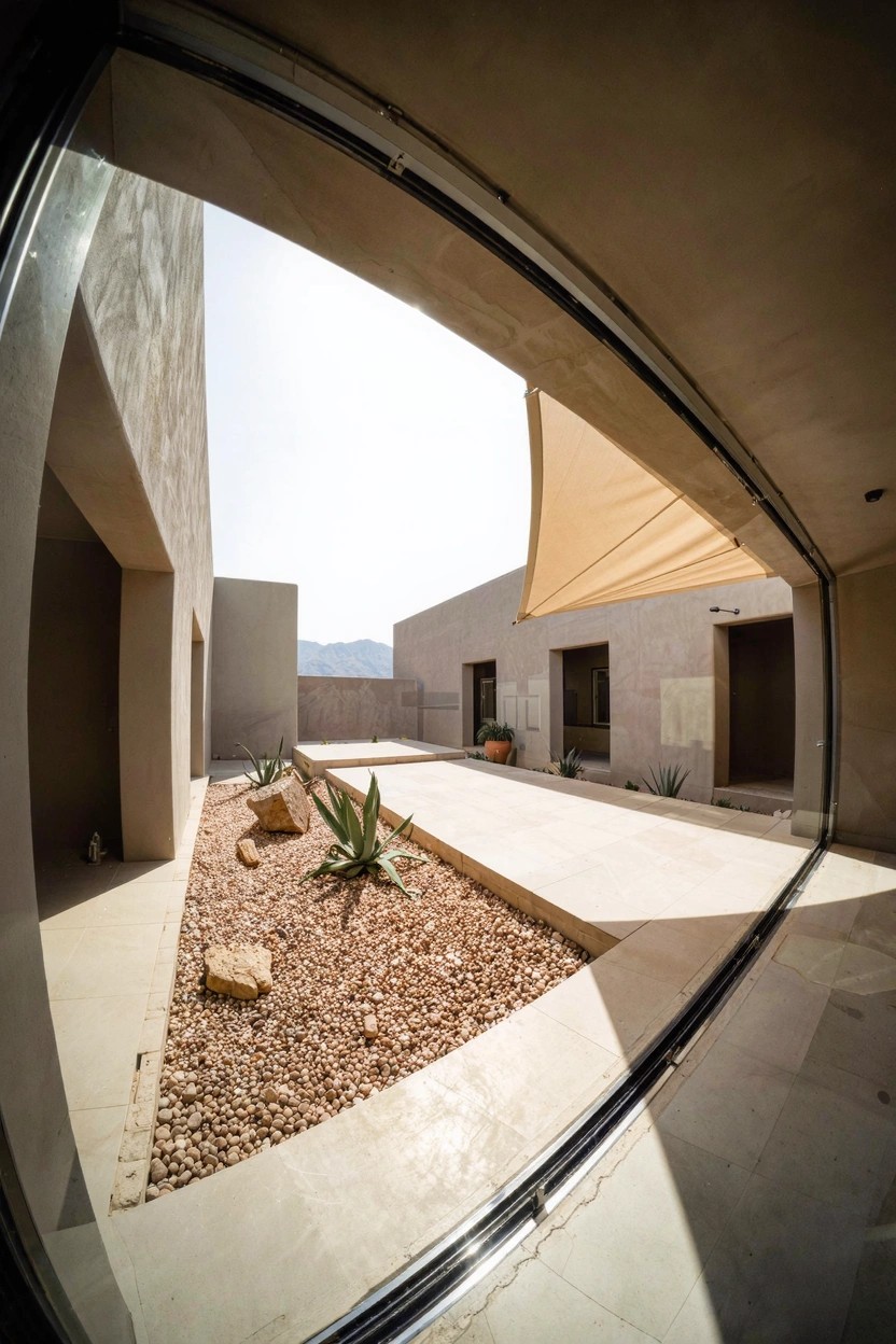 Fisheye photo from inside a modern home showing a beige stucco courtyard with gravel beds planted with agave succulents and rocks, framed by large curved glass walls and distant mountains.