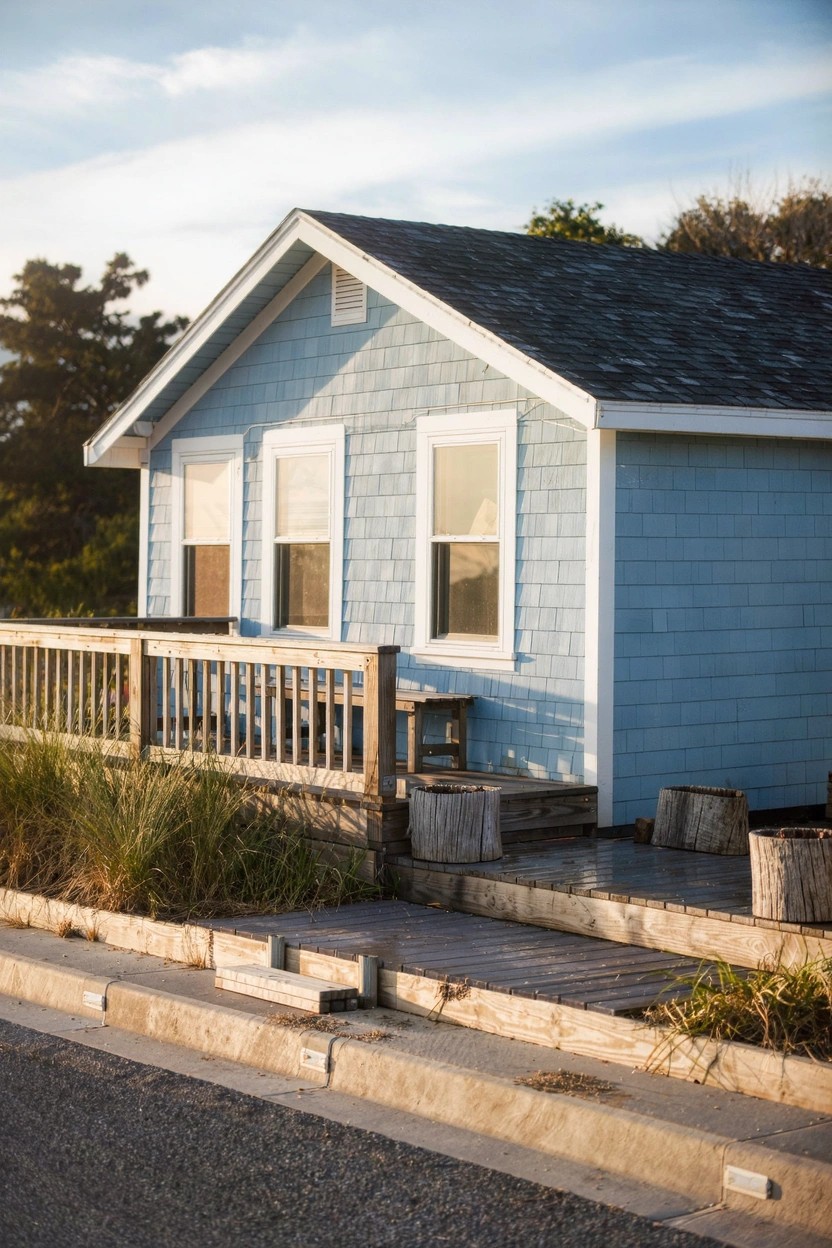 Light blue shingled house with gabled roof, white-framed windows, wooden porch railing and steps, tall grasses, log stools, and a concrete pathway near a roadside curb.