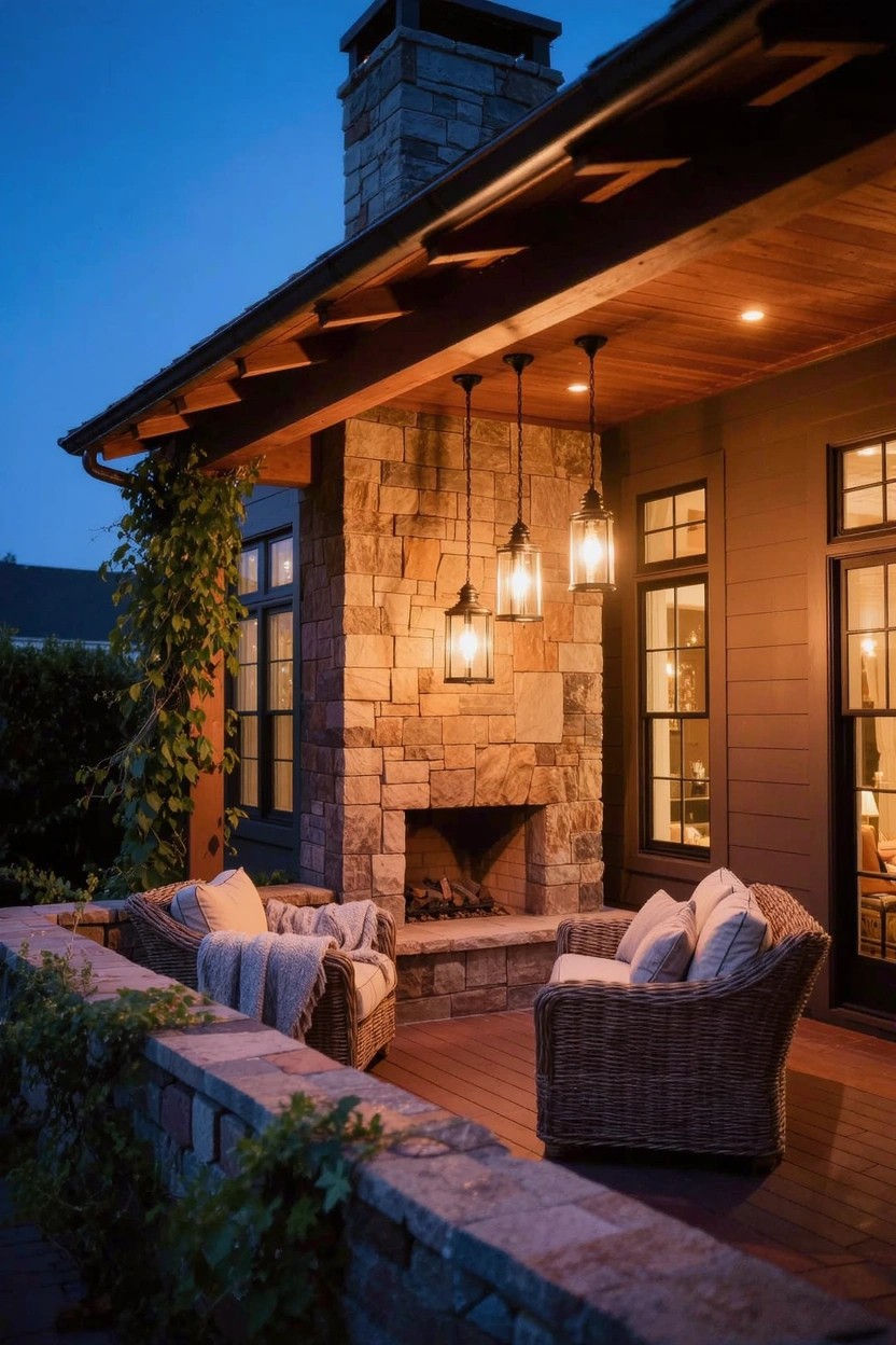 Dusk photo of a covered wooden patio attached to a house, featuring a tall stone outdoor fireplace, two wicker chairs with cushions and blankets, three hanging lantern lights, and ivy on stone walls.