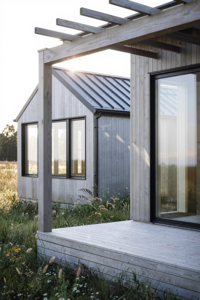 Wooden house exterior with gray metal roof and vertical siding, featuring a porch under open pergola beams with large glass door, next to a smaller structure, surrounded by tall wild grasses.