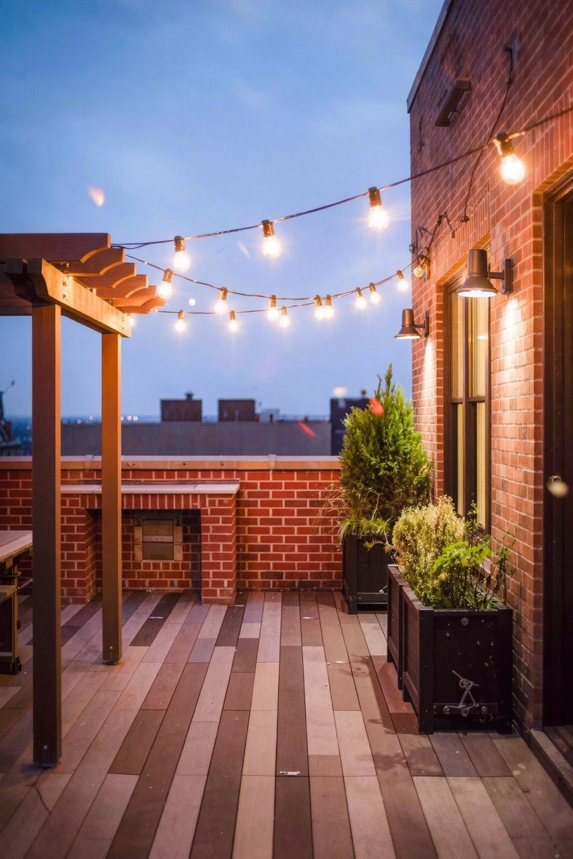 Rooftop deck featuring a wooden pergola with string lights, brick walls, potted plants, wooden plank flooring, and an outdoor kitchen area at dusk.