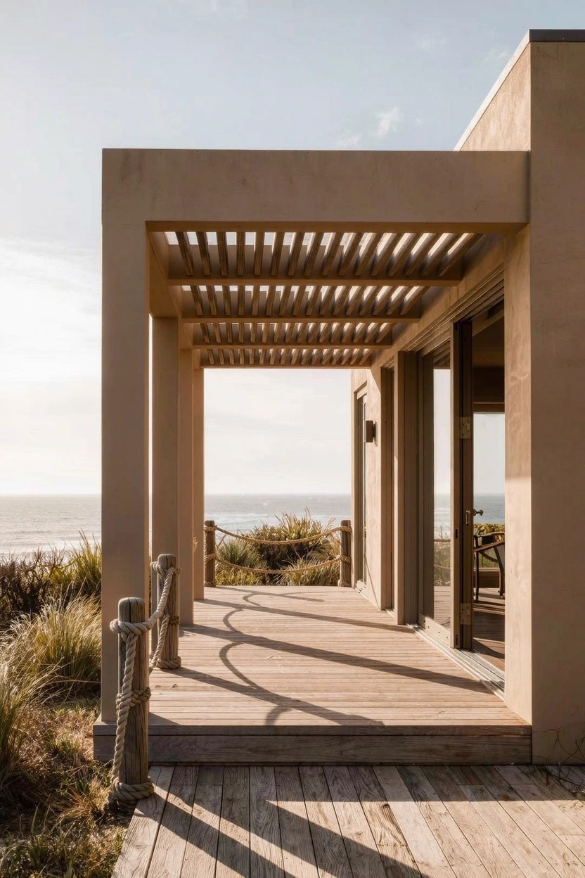 Beige stucco house with sliding glass doors opening to a wooden deck under a slatted pergola, rope handrails on a path leading through dune grasses to the ocean.