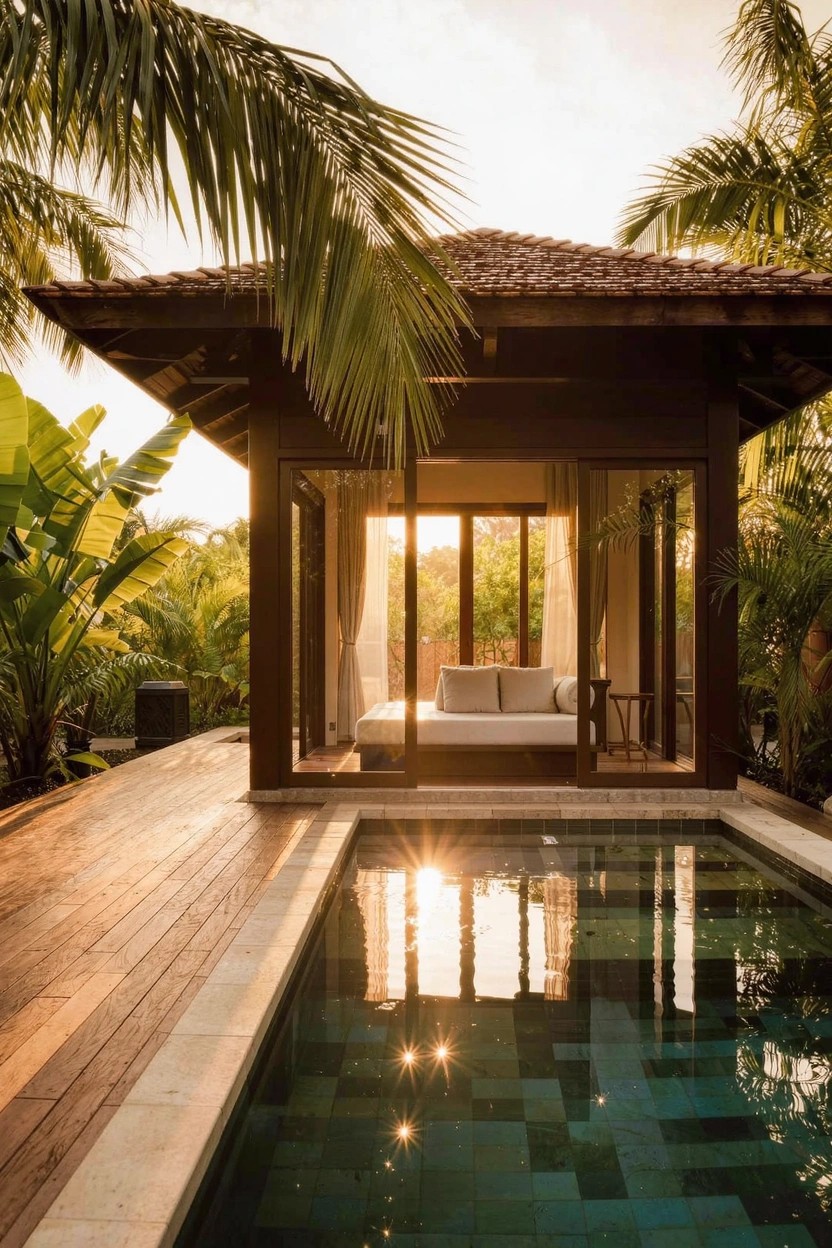 Dark wooden pavilion with tiled roof and large open glass doors revealing a bed inside, surrounded by tropical palms and plants next to a rectangular green-tiled pool on a wooden deck.