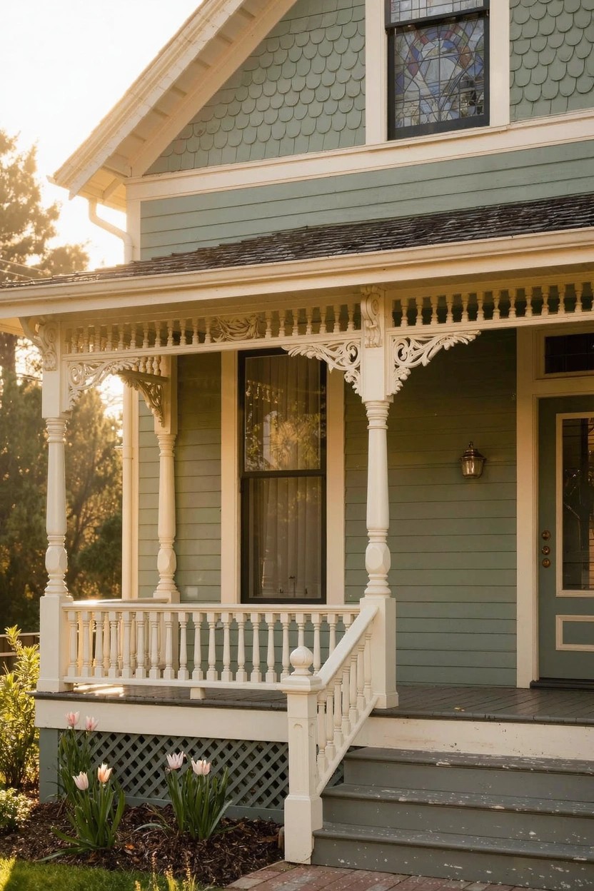 Green shingle-sided house with white detailed front porch featuring turned columns, spindle balustrade, lattice base, and steps leading to a door flanked by sidelights.