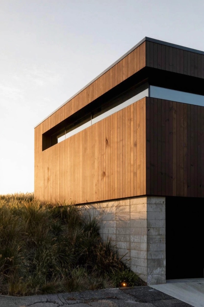 Modern rectangular house with dark horizontal wood cladding on upper facade, concrete base, large horizontal window, set into grassy dunes with gravel driveway at dusk.