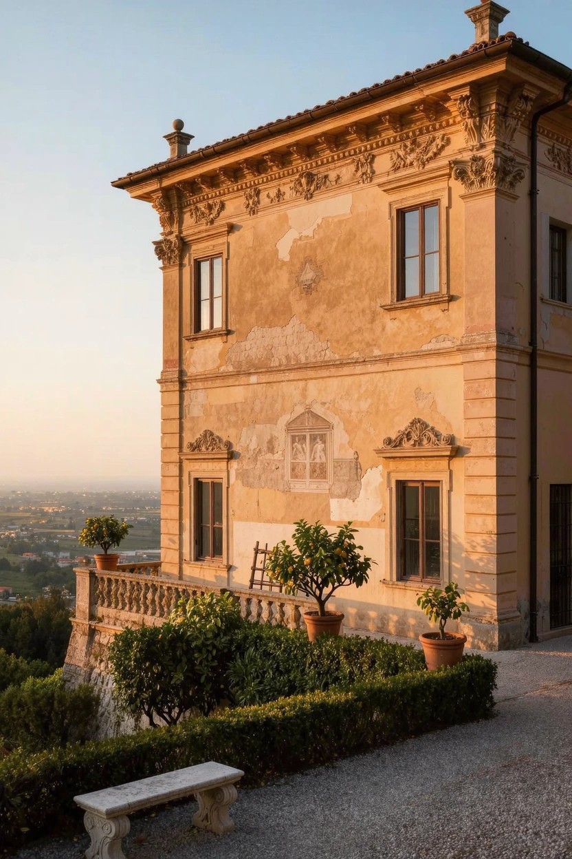 Ochre stucco villa with ornate cornices and windows, stone balustrade balcony edged by boxwood hedges and potted citrus trees, gravel path with stone bench, on a hillside overlooking a valley at dusk.