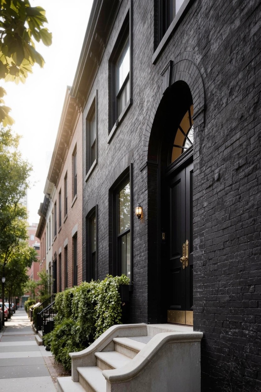 Black brick townhouse exterior with arched entry, black door, gold knobs, wall lamp, steps, and shrubs along the sidewalk on a sunny street lined with trees and parked cars.