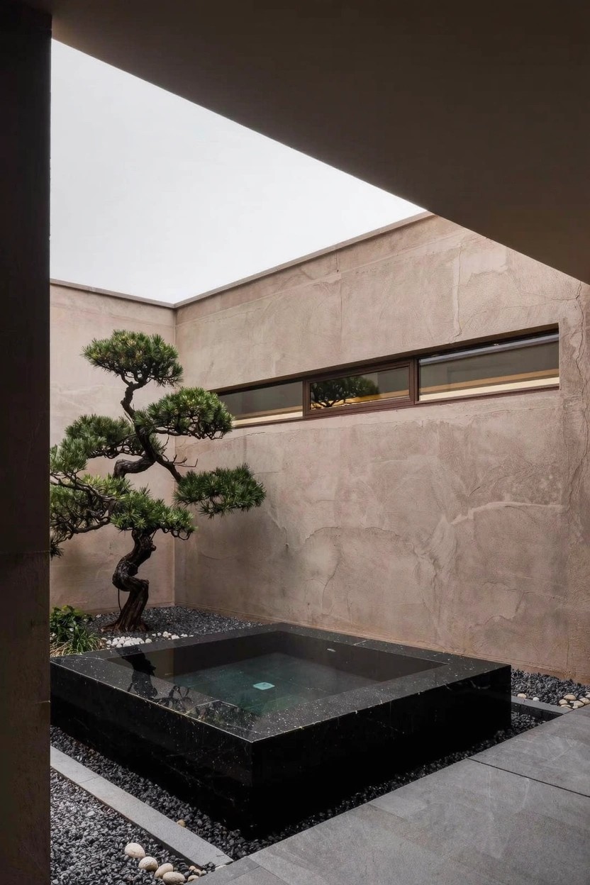 Enclosed modern courtyard with tan stucco walls, a square black stone plunge pool edged in pebbles, a bonsai tree with twisted branches beside it, narrow horizontal windows, and a skylight overhead.