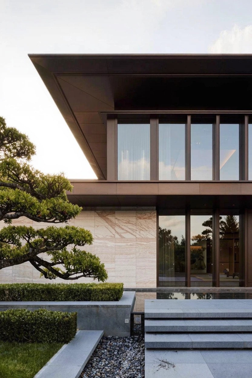 Modern luxury house exterior featuring a cantilevered brown metal roof overhanging beige stone walls, large glass windows, a tall pine tree, boxwood hedges, stone steps, and a small water feature at the base.