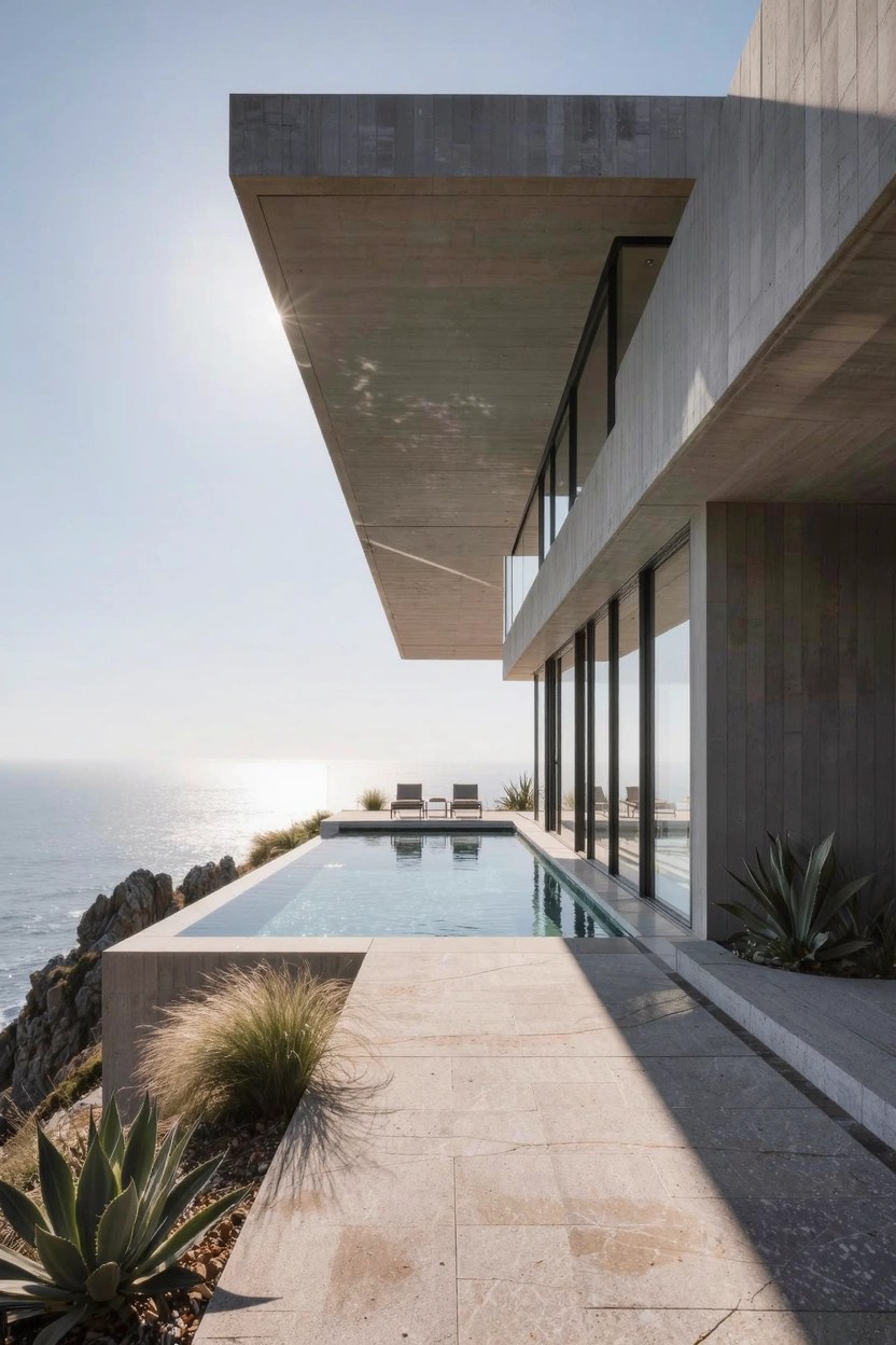 Modern gray concrete house with cantilevered upper section extending over a rectangular infinity edge pool on a rocky cliffside overlooking the ocean, featuring large glass walls, stone deck, grasses, and agave plants.