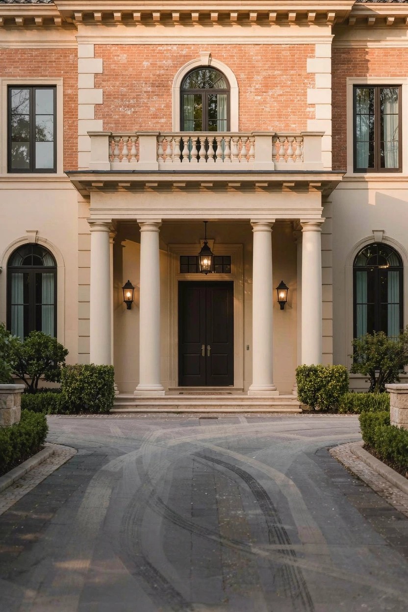 A two-story luxury home with beige stucco and brick facade, white columns supporting a front portico over a dark wood door, flanked by lanterns and boxwood shrubs along a curved driveway.