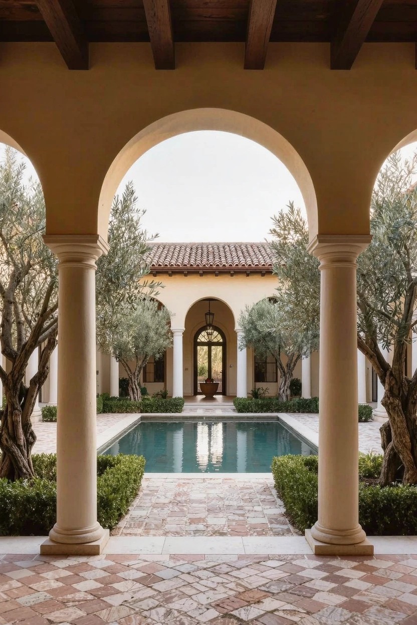 Beige stucco arches supported by columns with olive trees in planters and hedges framing a rectangular blue pool, tile pathway, and Mediterranean house with red tile roof in the background.
