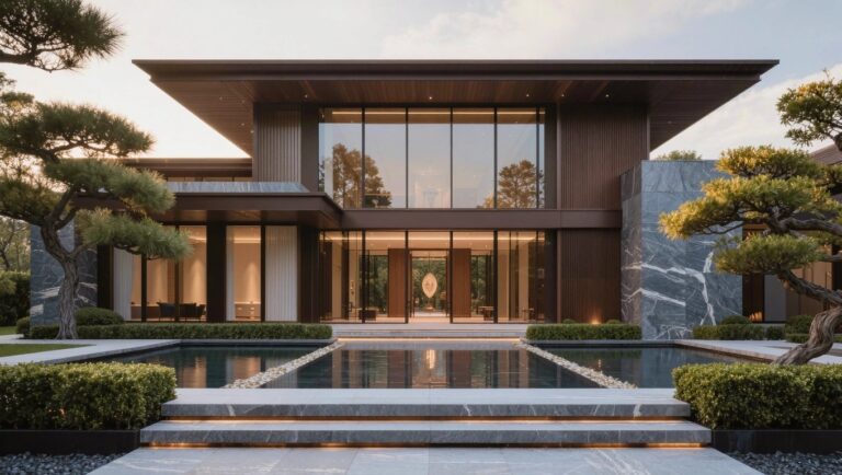 22 Beautiful Luxury Exterior House Ideas That Feel Grand Modern luxury house exterior featuring a cantilevered brown metal roof overhanging beige stone walls, large glass windows, a tall pine tree, boxwood hedges, stone steps, and a small water feature at the base.