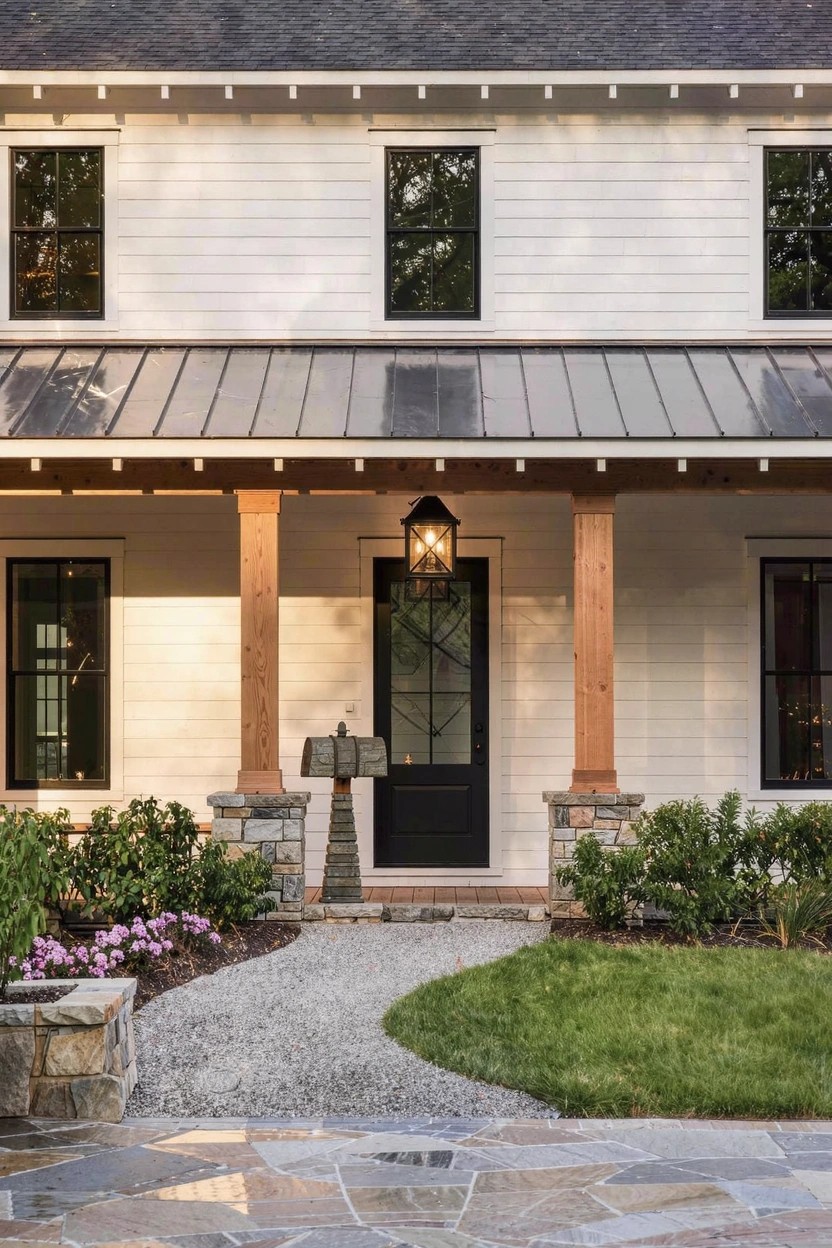 White clapboard house with black-framed windows and front door under a covered porch supported by timber posts and stone pillars, flanked by shrubs and a curved gravel pathway leading to stone pavers.