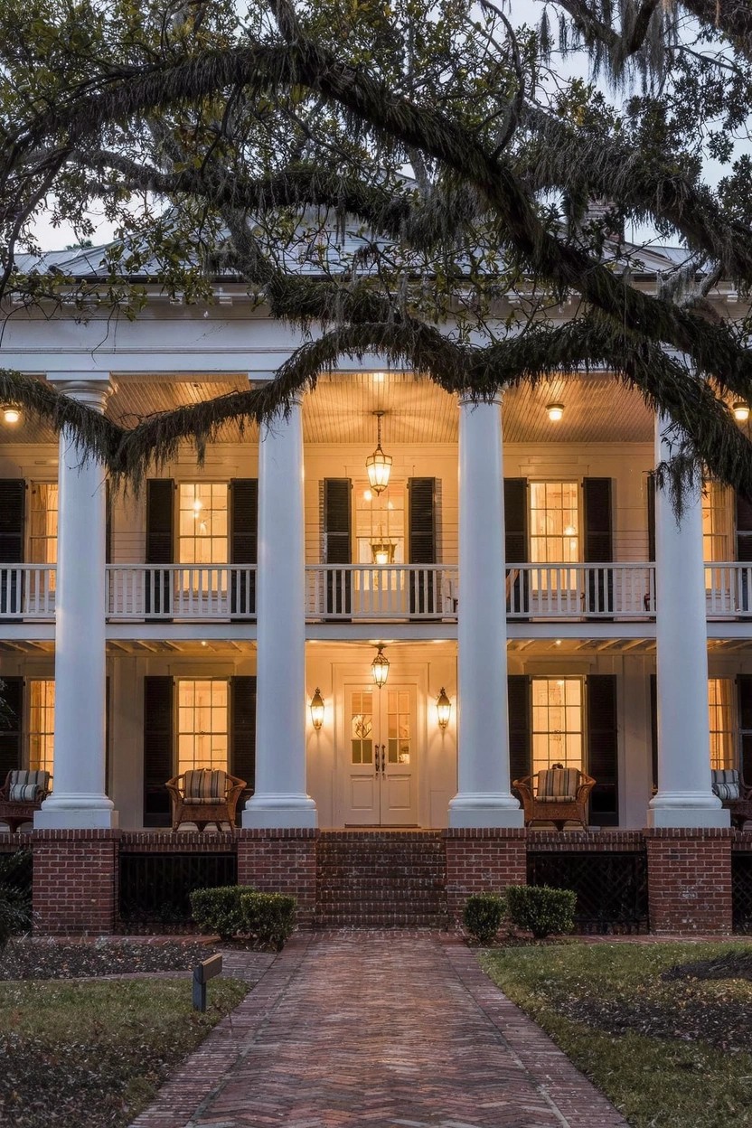 White two-story house with tall fluted columns supporting a wrap-around porch, large oak trees draped in Spanish moss overhanging the front, warm exterior lights on at dusk, and a brick pathway leading to the double front doors.