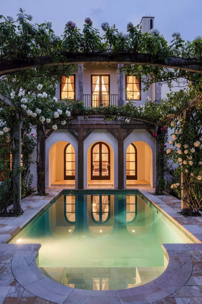 White stucco house with arched doorways and windows framed by pergolas covered in pink roses and green vines, next to a lighted curved pool at dusk.