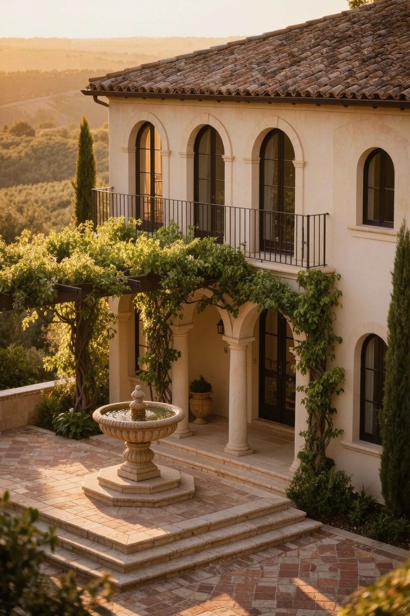 Beige stucco house with arched windows and door under a vine-covered pergola on a tiled patio with stone fountain and steps, landscaped with trees and plants at sunset.