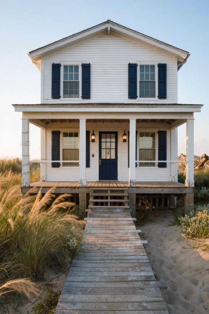 White two-story clapboard house elevated on pilings with wraparound porch, navy shutters and door, and wooden boardwalk path leading through sea grass dunes to front stairs on sandy beach.