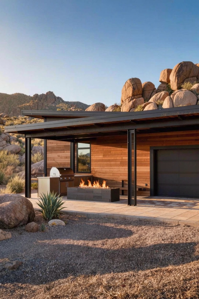 Modern luxury home exterior in desert landscape with black metal roof extension over outdoor kitchen area including white BBQ grill and linear black fire pit next to wooden garage door amid large boulders and gravel ground.