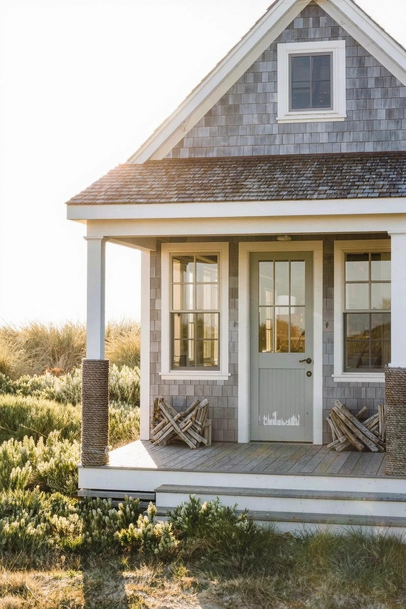 Gray shingled house with gabled roof, white-trimmed windows and door, covered front porch with columns and shingle accents, surrounded by beach grass and wood stacks.