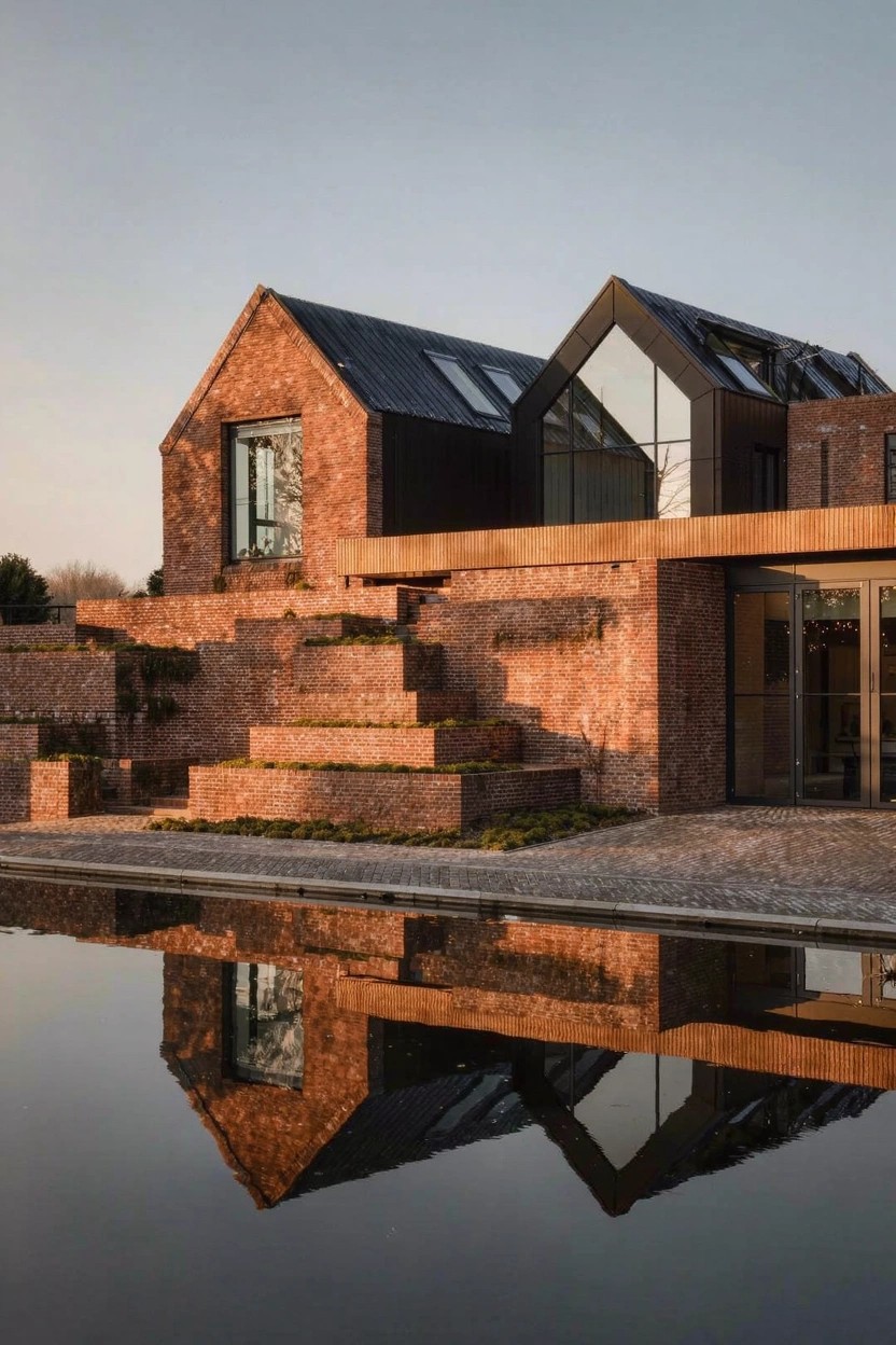 Red brick house with black angular roofs and large glass windows above terraced brick steps planted with greenery, reflected in a rectangular pool.