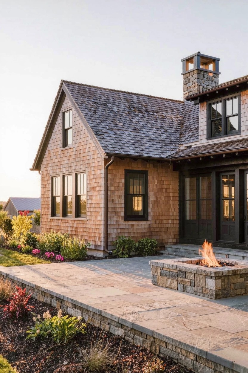 Cedar shingle house exterior with black windows and doors opening to a bluestone paver patio that includes a rectangular built-in gas fire pit surrounded by low plants and grasses.