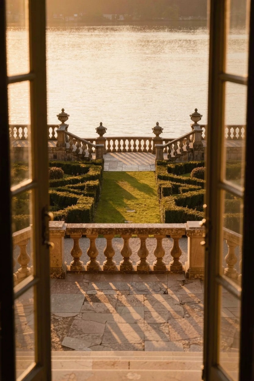 Open French doors lead to a stone terrace with balustrades and urns overlooking symmetrical boxwood hedges, a central lawn path, and a lake in golden hour light.