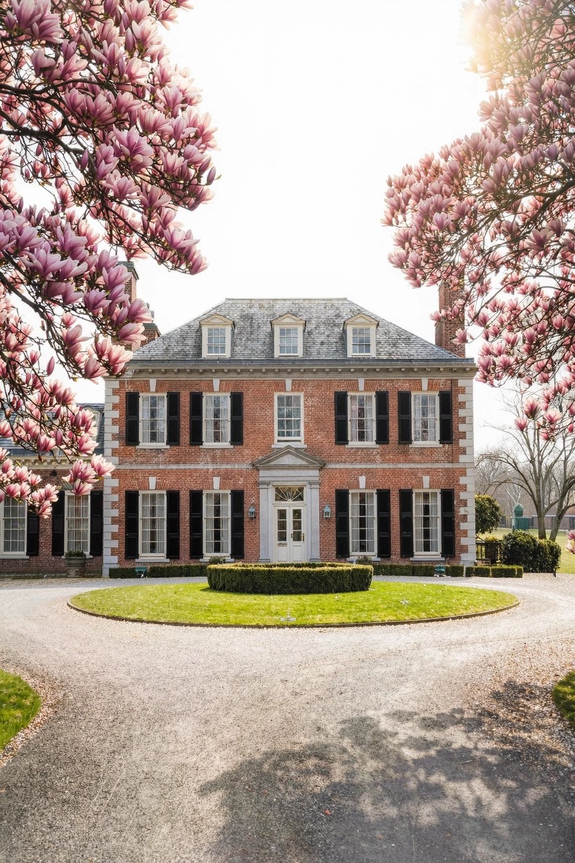 Red brick Georgian-style two-story house with white shutters, pedimented entry, and gray roof, framed by large blooming pink magnolia trees beside a circular gravel driveway with central boxwood hedge.