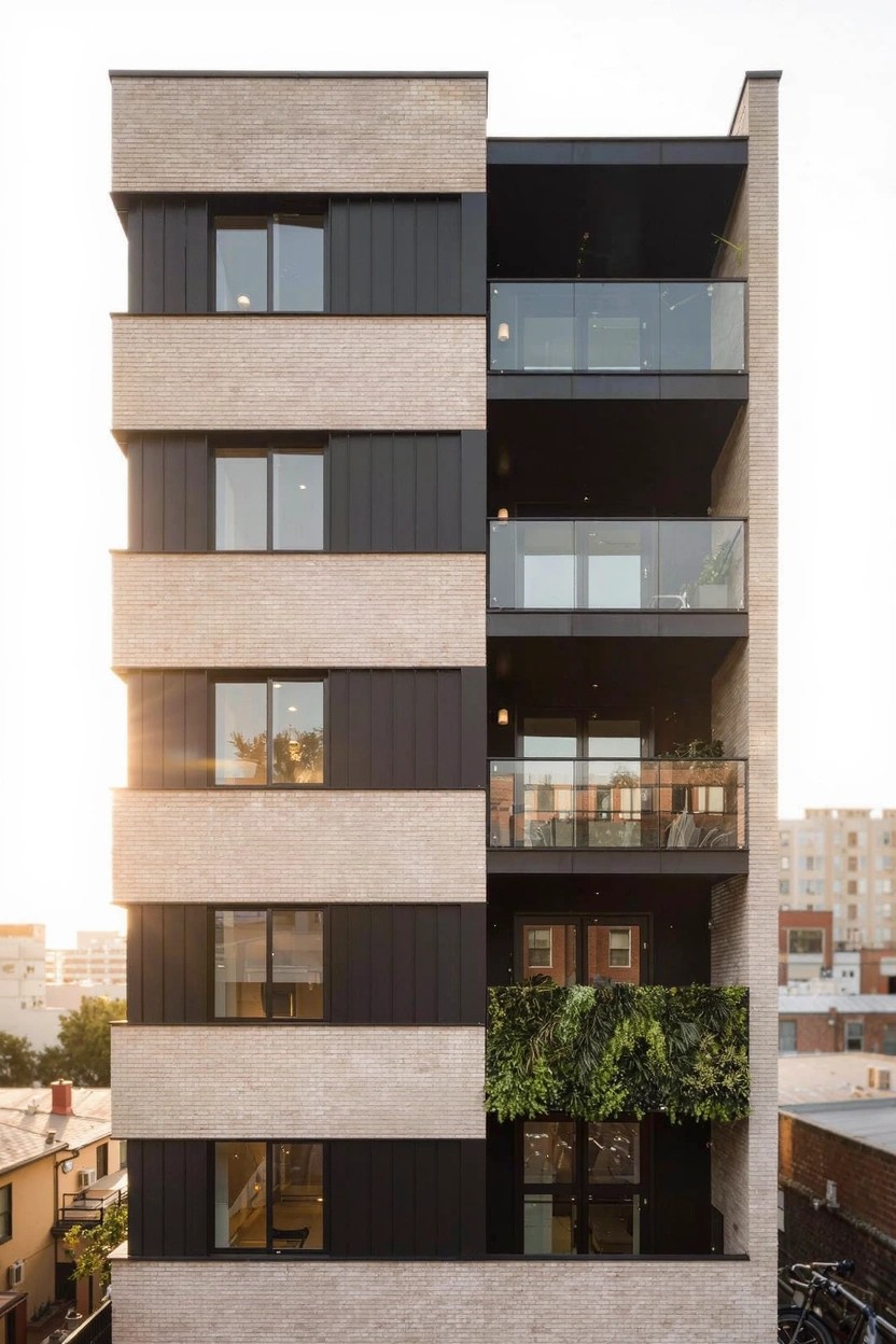 Four-story modern house with horizontal bands of beige brick alternating with black cladding panels, glass balconies on upper levels, and greenery along the base.