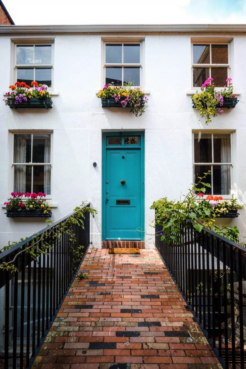 White three-story house with turquoise front door, flower boxes on windows filled with colorful flowers, vines on railings, and brick pathway with black metal railings leading to the entrance.