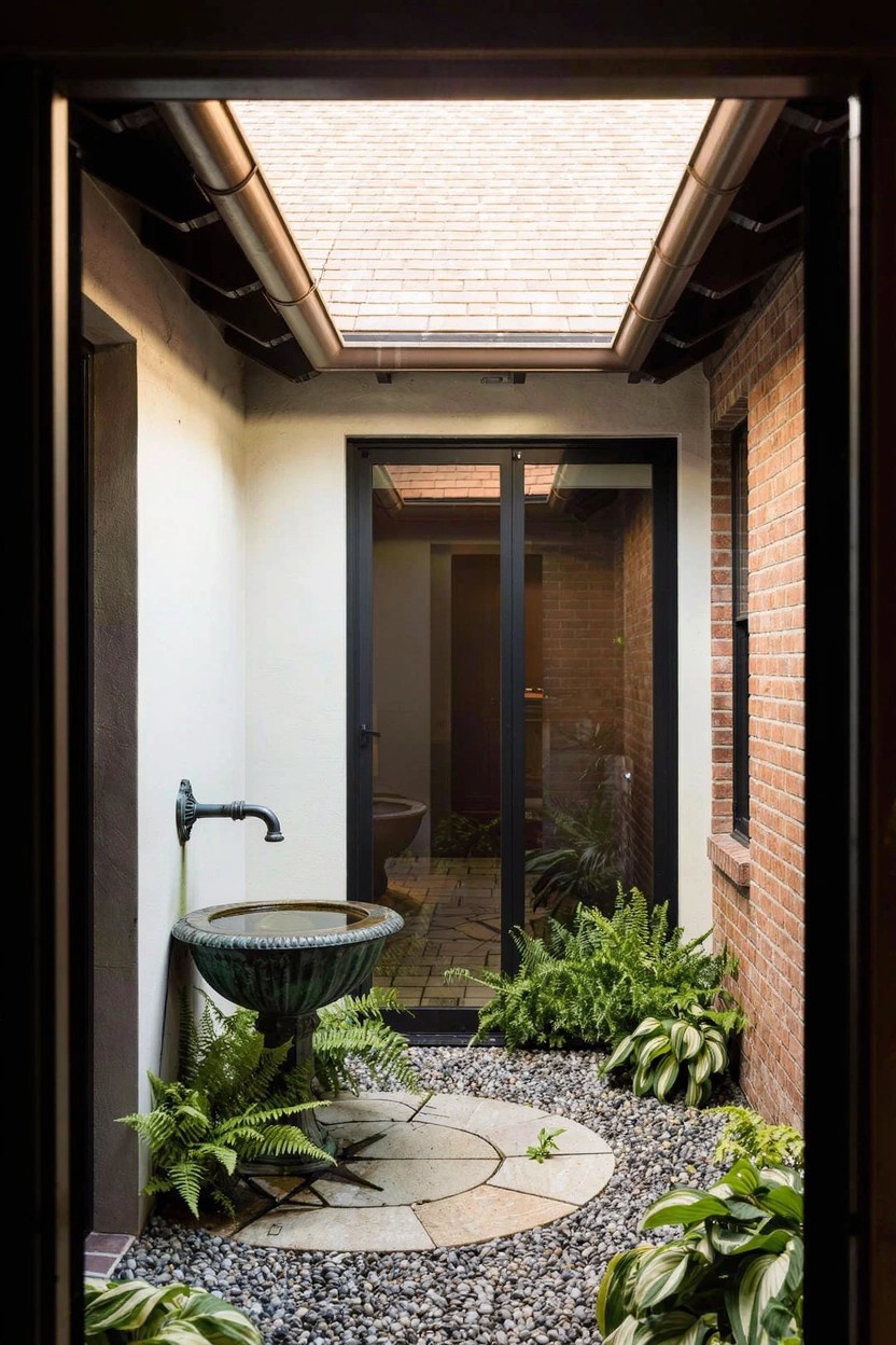 Narrow skylit courtyard with central green stone basin fountain and bronze faucet, surrounded by ferns, pebble ground cover, and circular stone pavers, between white wall and brick walls with black doors.