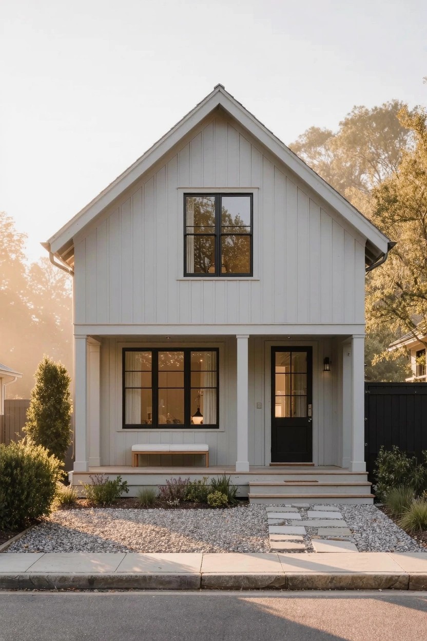 Light gray vertical board-and-batten house with gabled roof, black-framed windows and door, covered front porch supported by columns, stone steps, gravel yard, and low bushes.