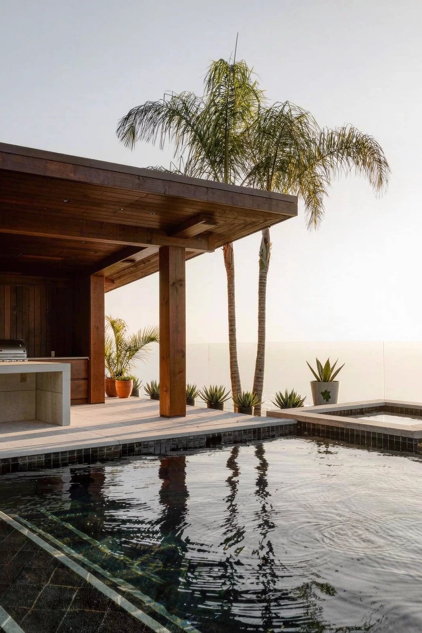 Modern wooden covered patio with built-in kitchen counter and grill next to a rectangular infinity-edge pool, palm trees nearby, and ocean horizon in the background at dusk.