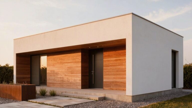 22 Creative House Outer Designs For A Modern Everyday Look Modern house exterior featuring vertical wooden cladding on the left wall, smooth white plaster on the right, black front door under a covered porch, gravel ground cover, and a wooden planter box.