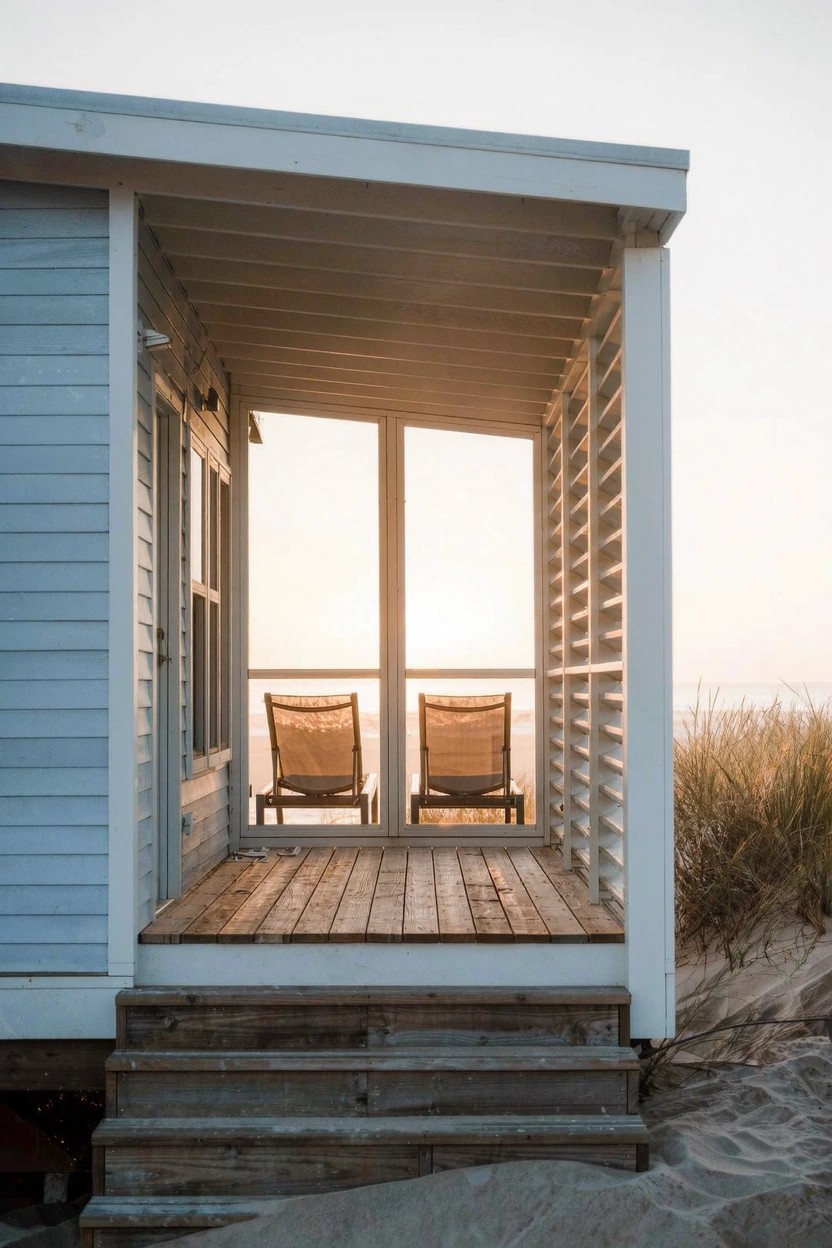 Light blue clapboard beach house with white louvered porch enclosure, open glass doors to wooden deck with two woven chairs, steps down to sand and dune grass at sunset.