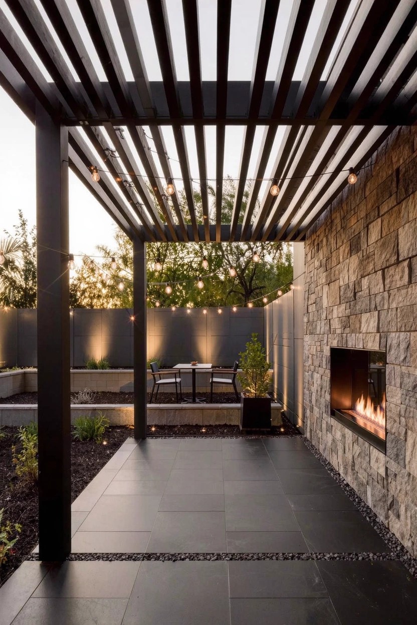 Outdoor patio under black metal slatted pergola with string lights, stone wall fireplace, black tile floor, table with chairs, and plants.