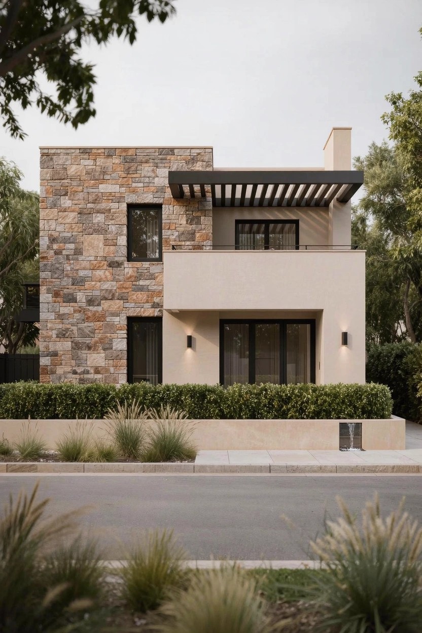 Two-story modern house with textured stone cladding on the left facade, smooth beige stucco on the right, black-framed windows and doors, a balcony with wooden pergola overhang, hedges, and tall grasses in front.
