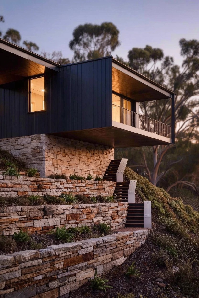 Modern two-story house with black upper walls, large windows, cantilevered balcony, and stone base on a steep hillside, surrounded by terraced stone retaining walls, steps, native plants, and eucalyptus trees at dusk.