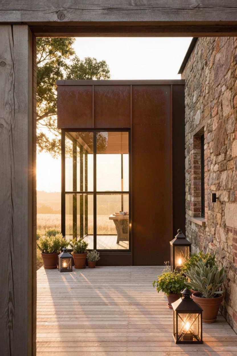 House exterior corner showing stacked stone walls, corten steel paneling on a modern addition, large glass window wall, wooden deck with potted plants and lanterns, and open fields at sunset.