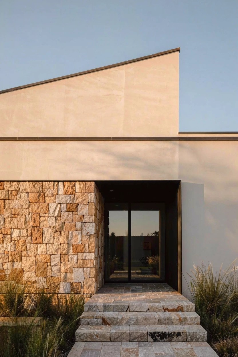 Beige stucco modern house exterior with textured sandstone wall on left, recessed black-framed glass entry doors, broad stone steps leading up, ornamental grasses on sides, and sloped roofline against clear sky.