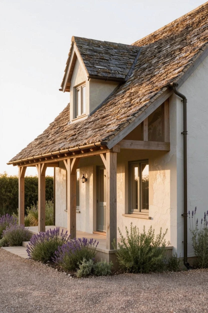 Side view of a cream stucco house with steeply pitched stone-slate roof, timber-framed covered porch supported by wooden posts, wooden-framed windows, lavender plants in front, gravel driveway, and hedge backdrop.