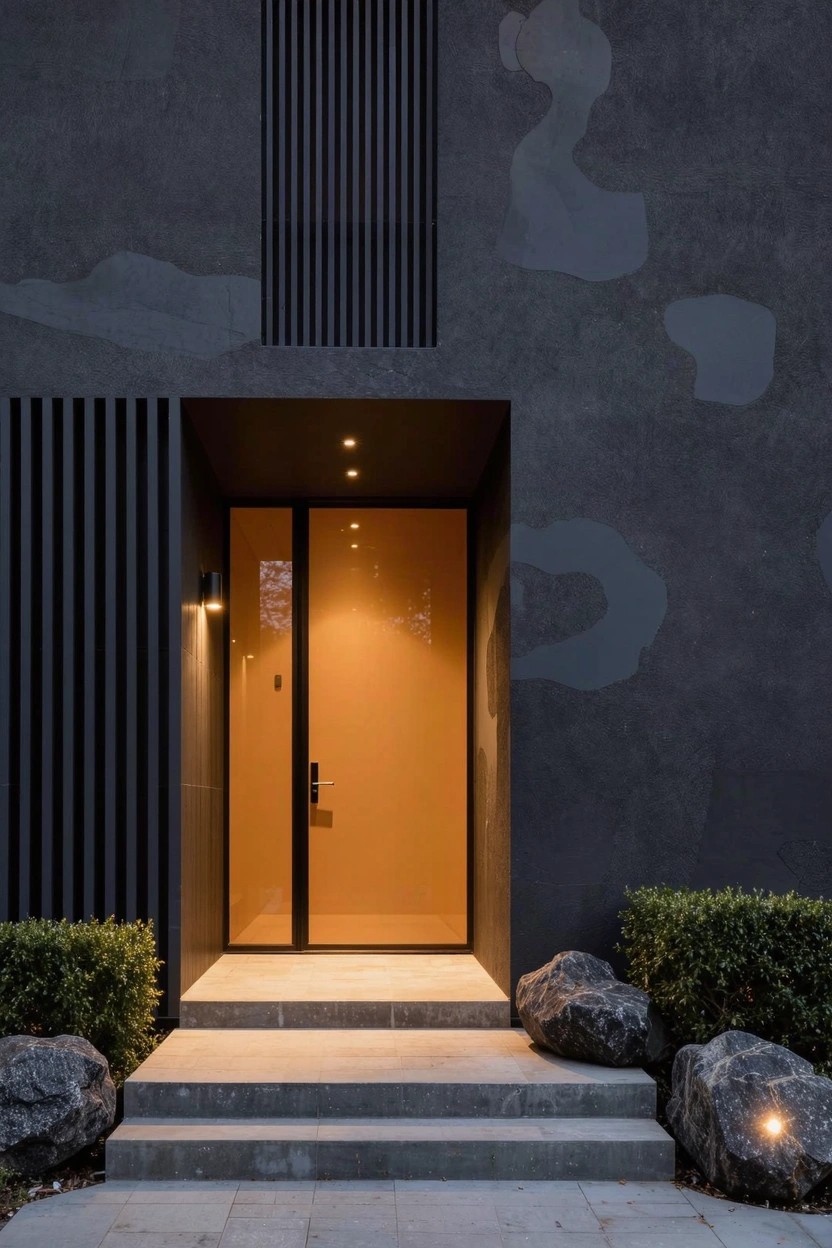 Modern house front entrance featuring an orange-tinted glass door in a black frame, recessed between vertical black slats on a dark textured wall, with steps, rocks, bushes, and lighting.