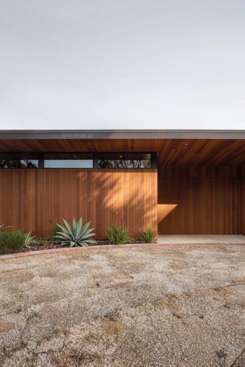 Single-story modern house with horizontal wood cladding on walls and garage door, flanked by agave plants and a curved gravel driveway.