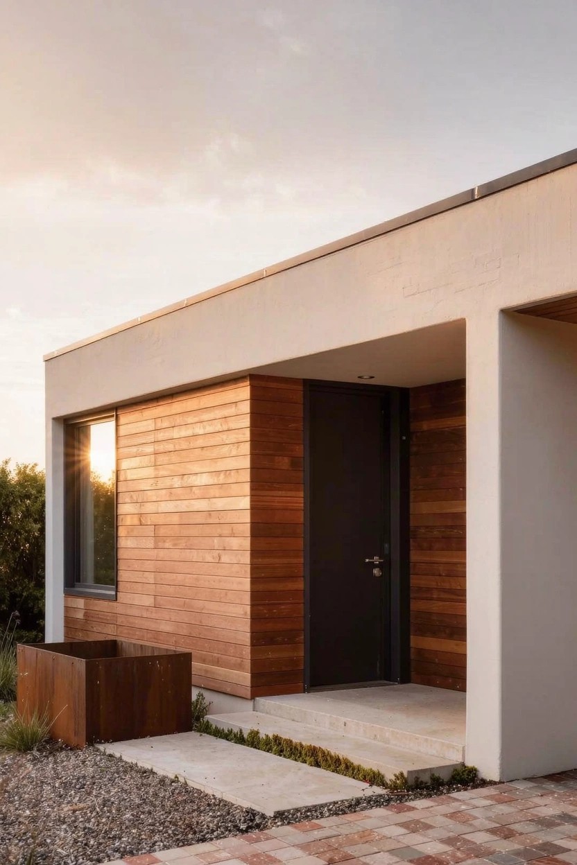 Modern house exterior featuring vertical wooden cladding on the left wall, smooth white plaster on the right, black front door under a covered porch, gravel ground cover, and a wooden planter box.