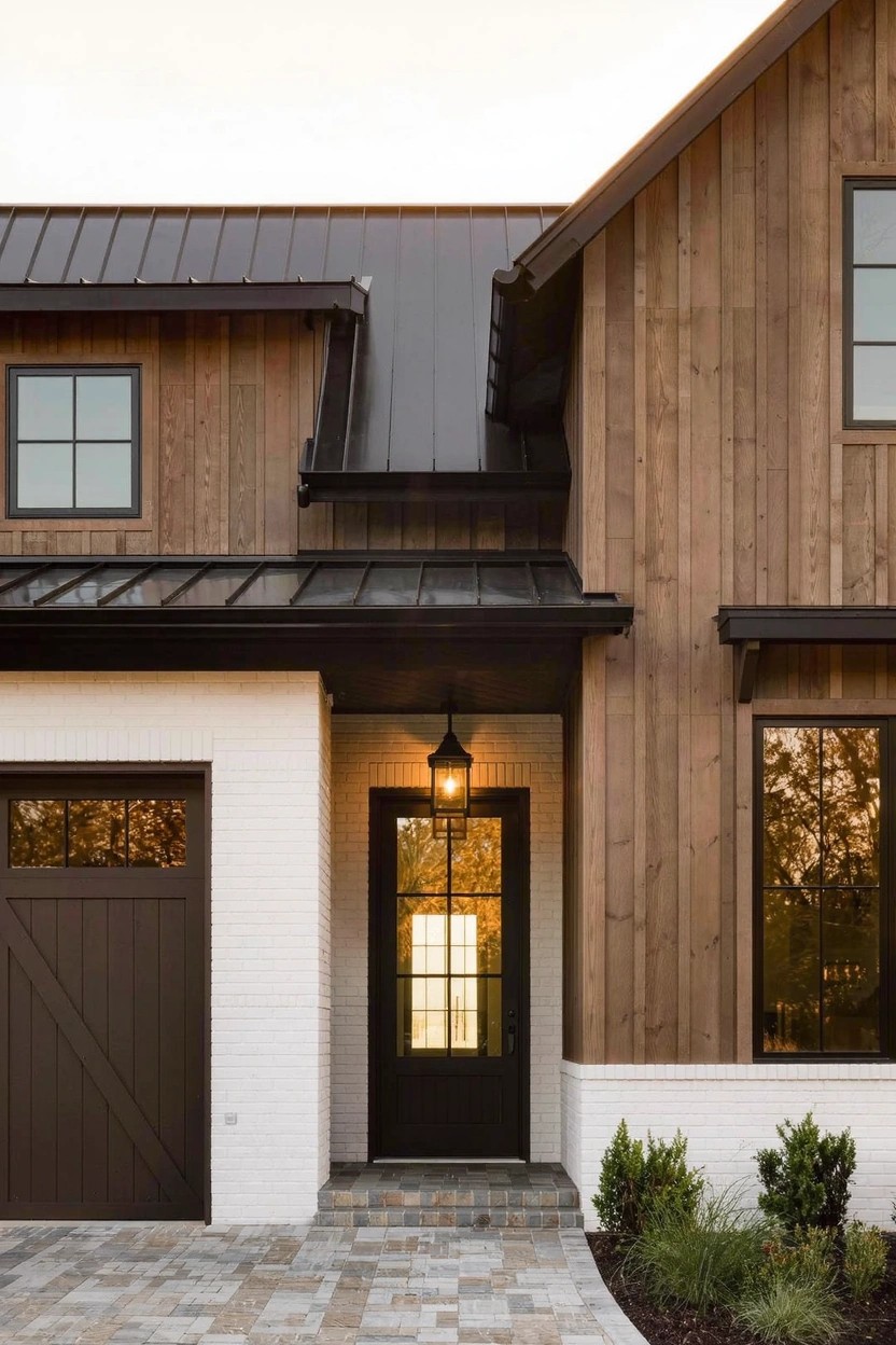 House exterior with dark brown vertical wood siding on the main walls, white stucco on the garage and entry area, black metal roof with overhangs, glass door lit by a hanging lantern, paver stone pathway and driveway, and low green shrubs at the base.