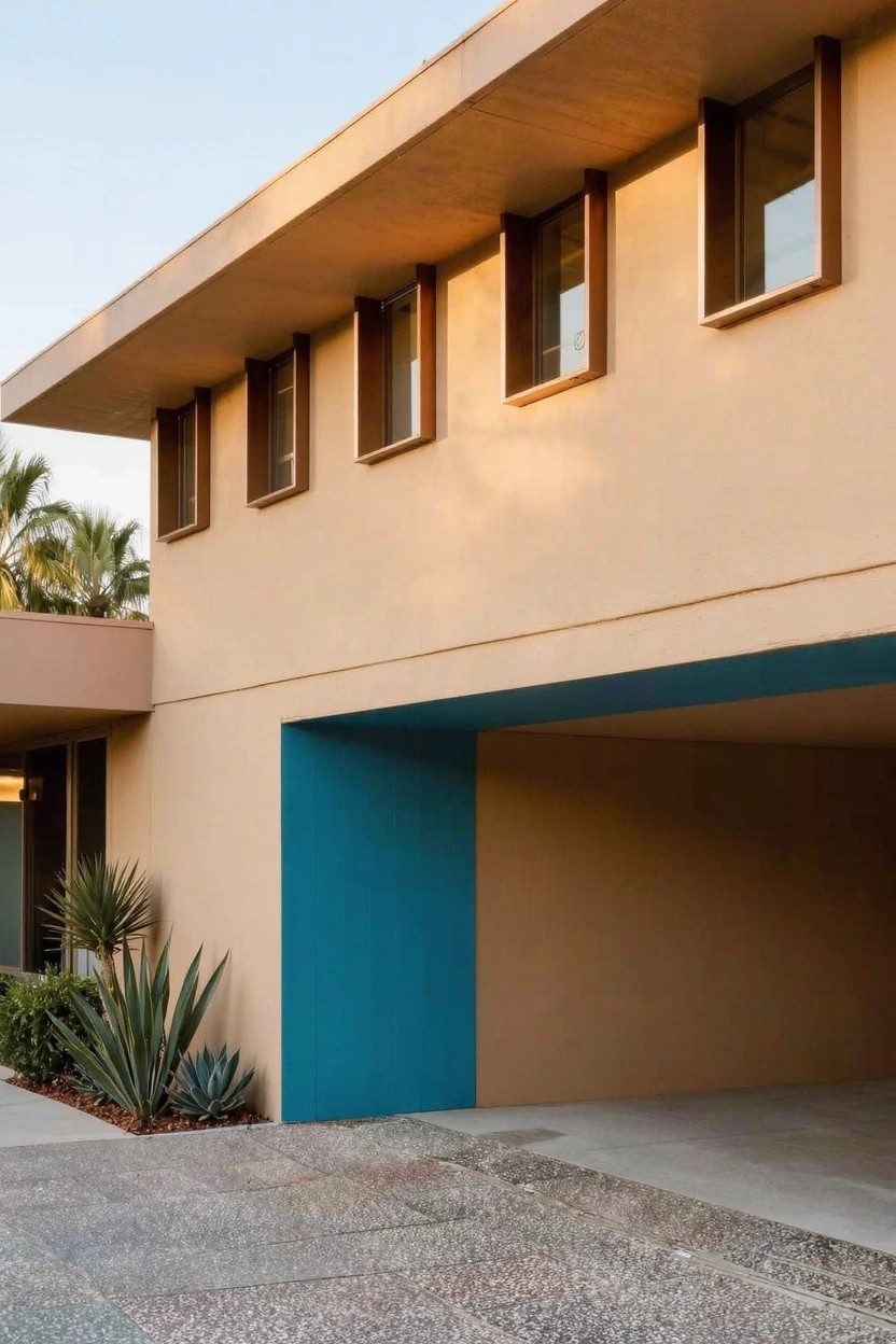 Beige stucco house exterior with wooden slatted shutters over windows, turquoise arched garage opening, agave plants, palm trees, and pebbled driveway.