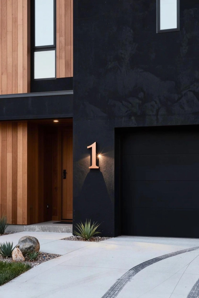 Modern house exterior with matte black walls and vertical wood cladding, illuminated brass house number 1 by the entry door, black garage door, and driveway edged with agave plants and rocks.